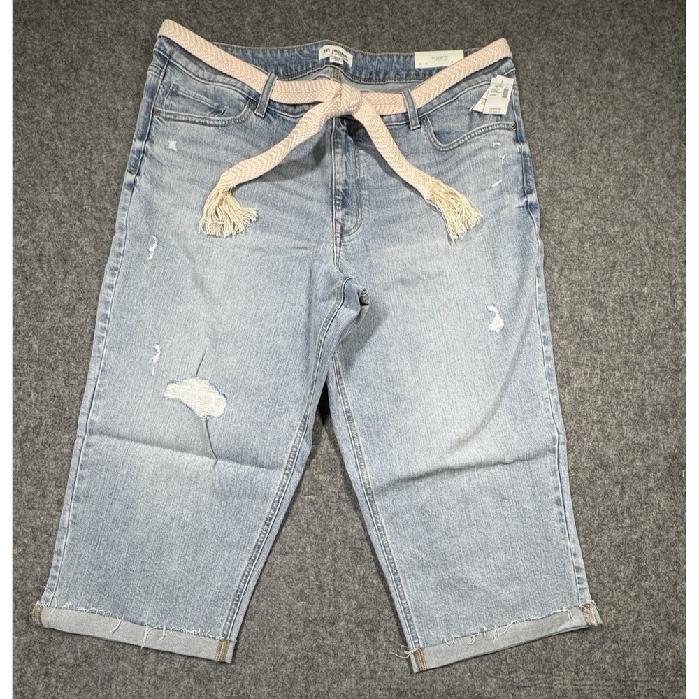 Maurices Womens 20W M Jeans 21" Straight Crop Belted Capri Jeans Distressed Blue